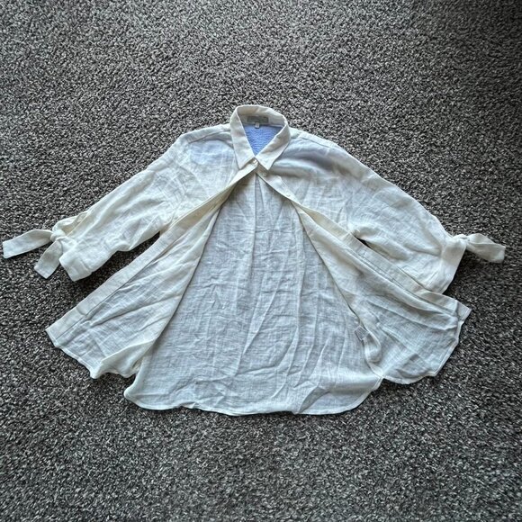 White Cream Linen Shirt with Tie-Cuff Sleeves, Small Laju Button-up Shirt - Picture 4 of 8